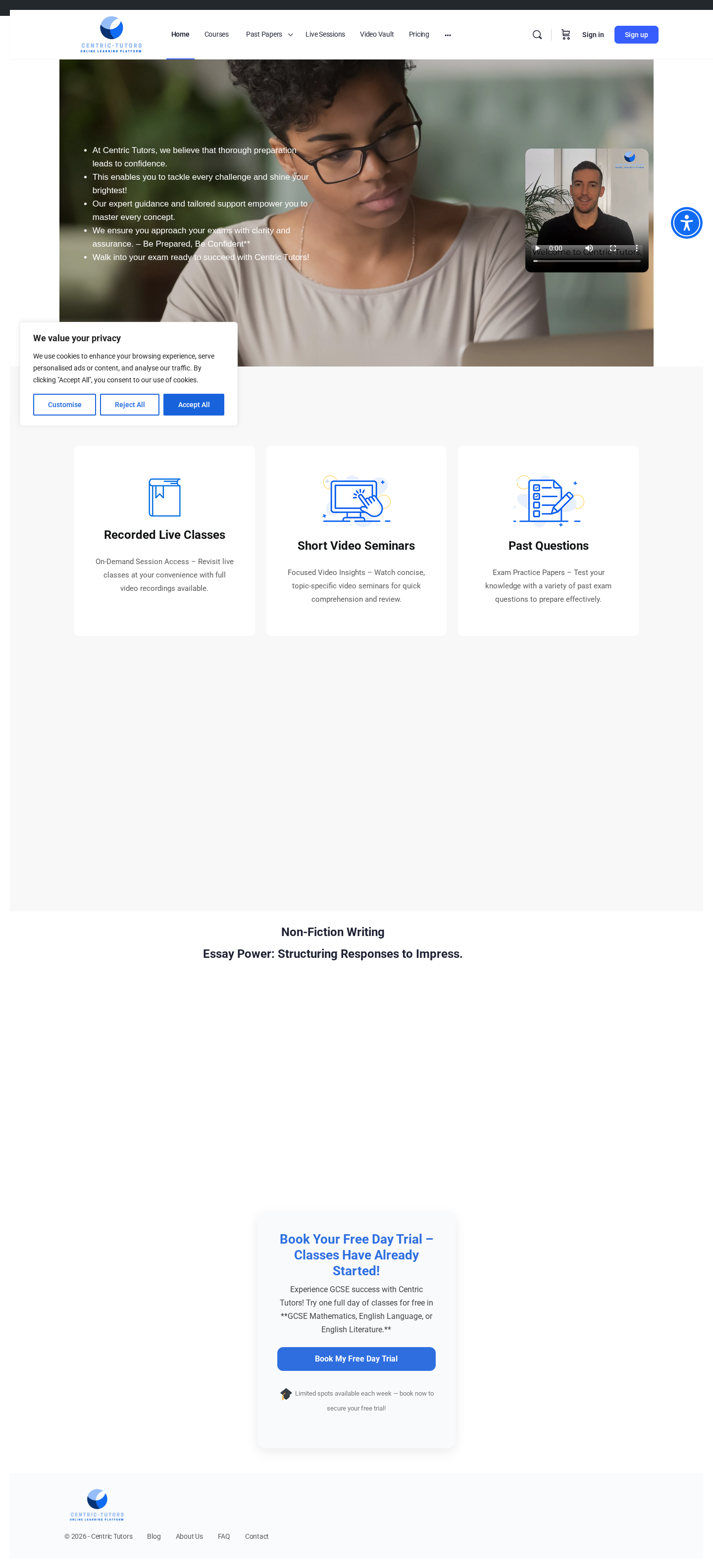 Screenshot of the Centric Tutors website